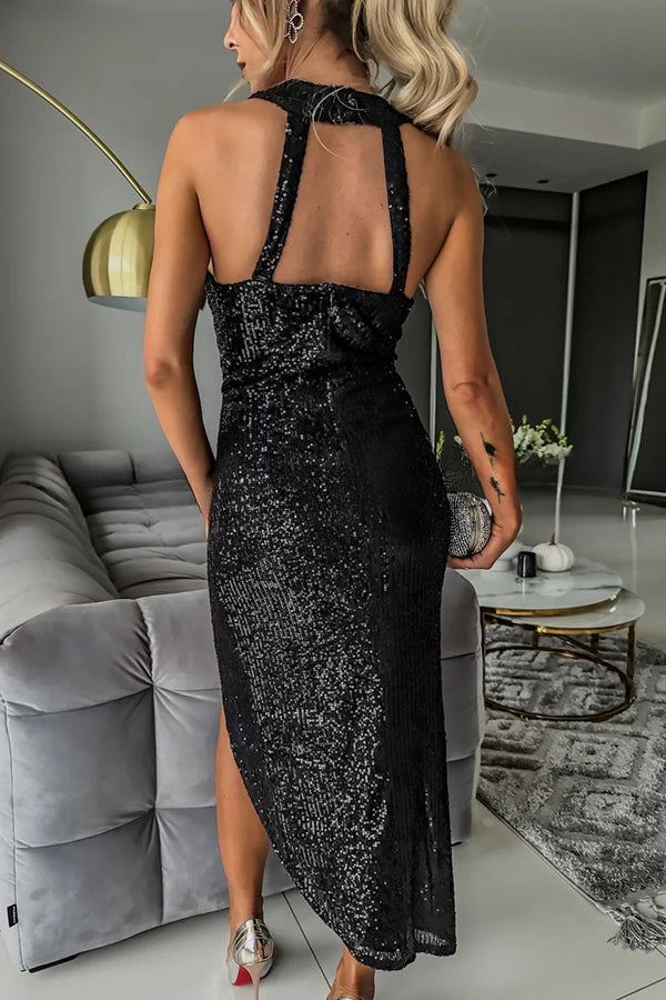 Born To Be A Star – Asymmetrisches Midikleid mit Pailletten und Netzstoff, Cut-Out-Taille
