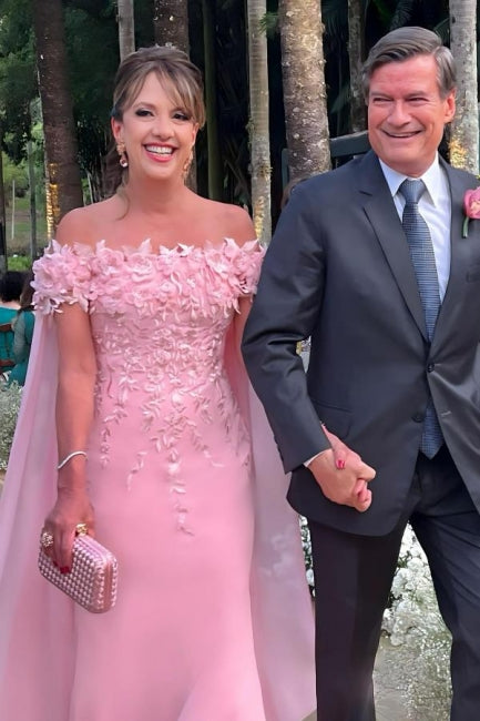 Fabuloso vestido de encaje con hombros descubiertos para madre de la novia, sin mangas, color rosa, con apliques