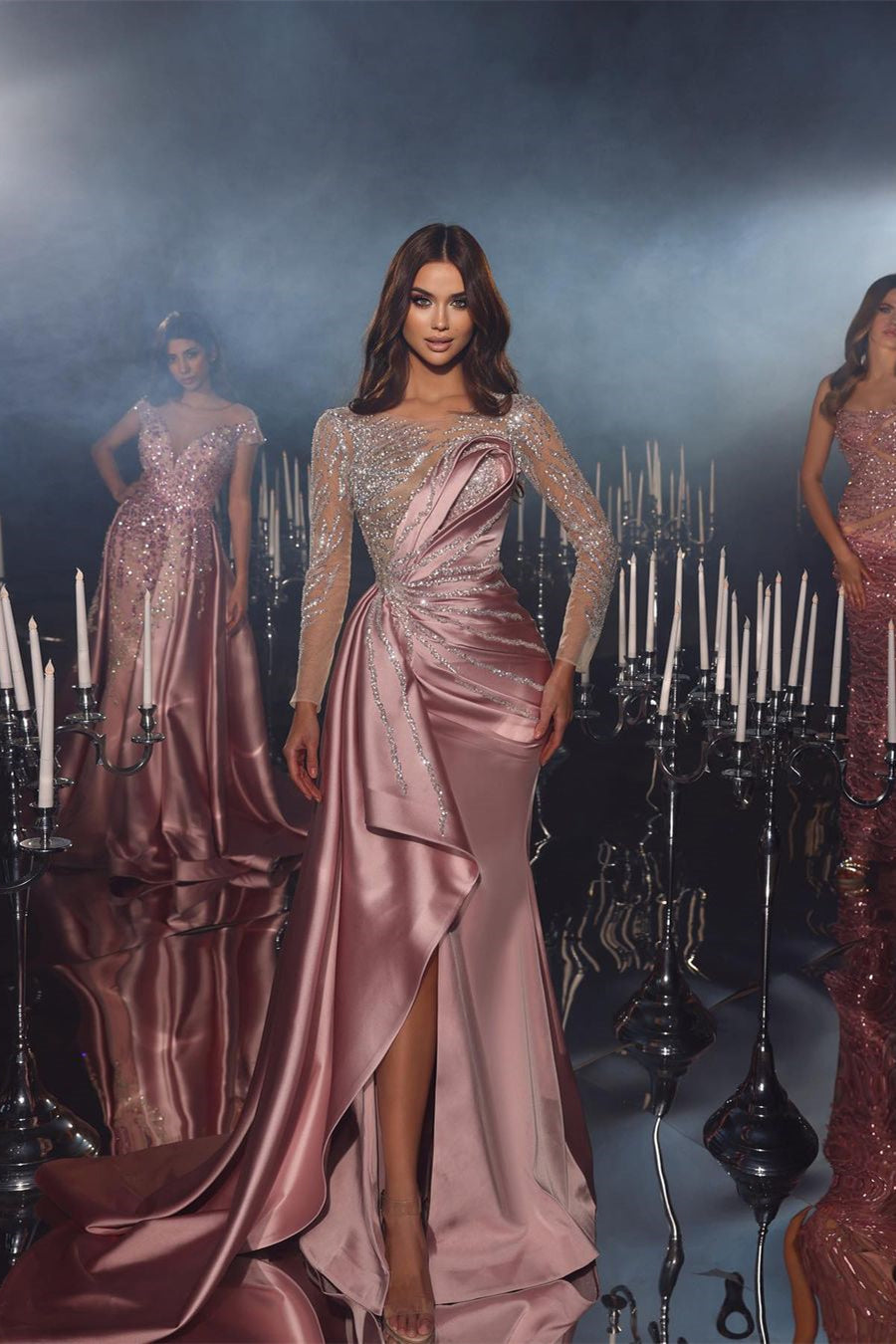 Fabulous Floor Length Crew Long Sleeves Mermaid Satin Prom Dress with Ruffles