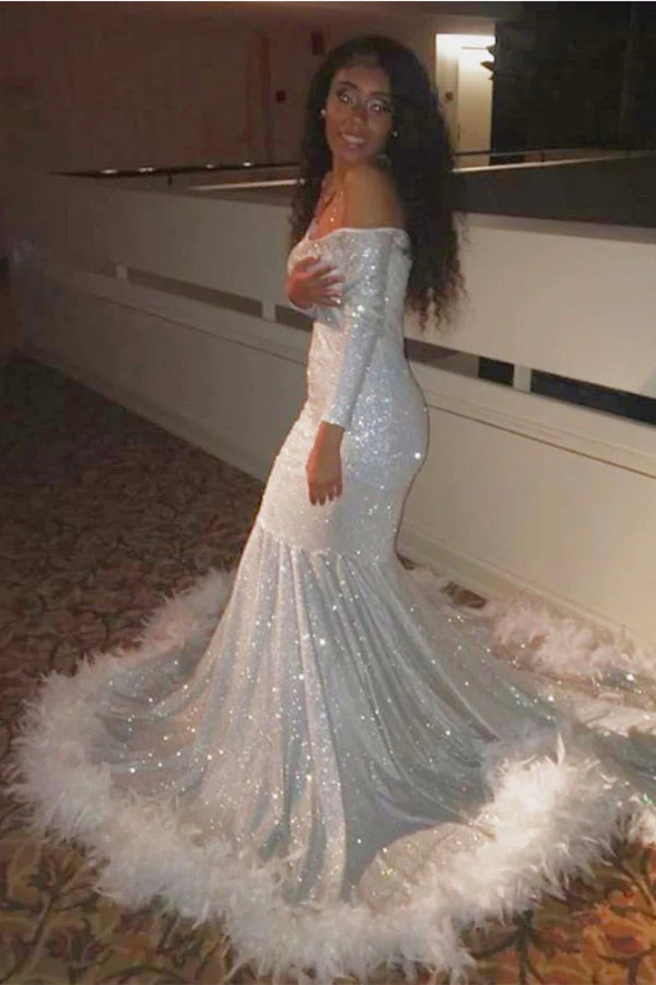Fabulous Floor Length Long Sleeves Mermaid Sequined Prom Dress with Feathers