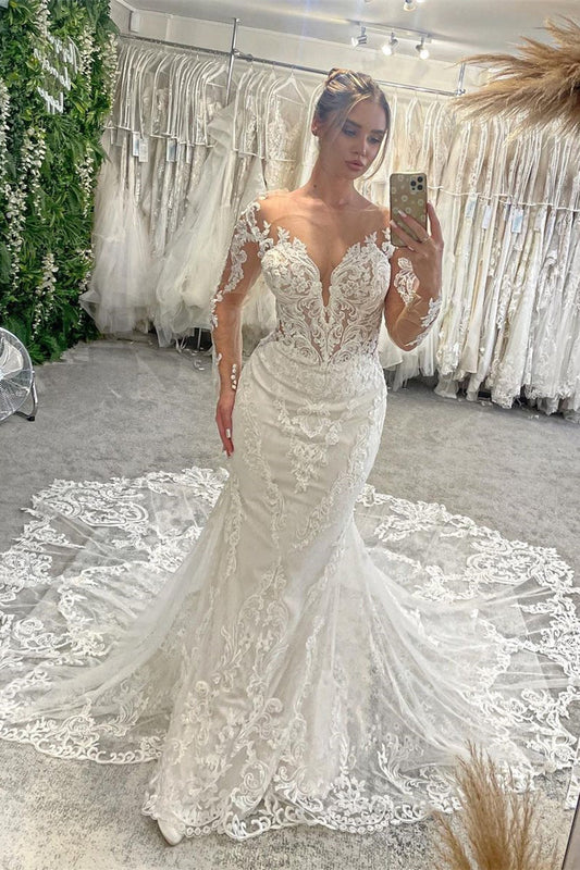 Fabelhaftes bodenlanges Brautkleid im Meerjungfrauenstil mit V-Ausschnitt und langen Ärmeln und Kapellenschleppe