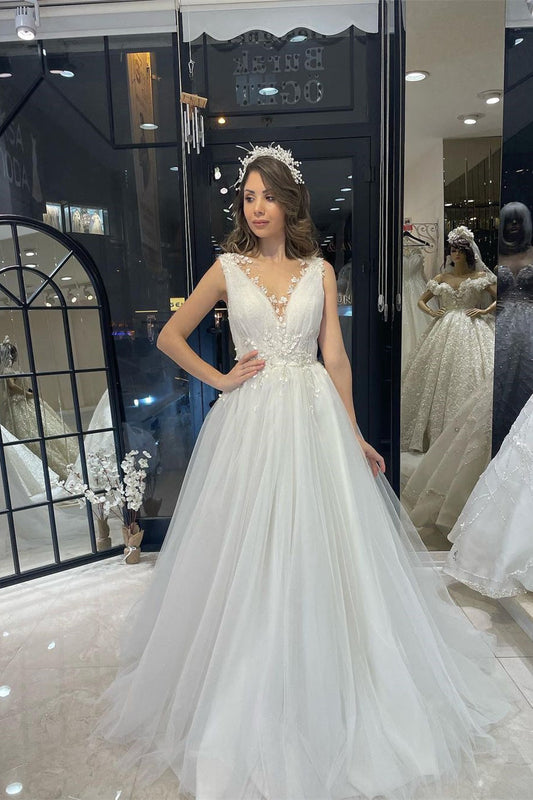 Fabuloso vestido de novia de tul con escote en V, sin mangas y corte A
