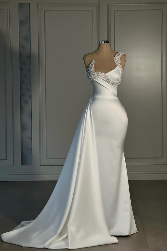 Fabelhafte Meerjungfrau Satin One-Shoulder Ärmelloses weißes Brautkleid mit Strass