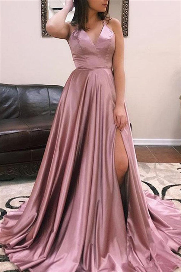 Faszinierendes langes A-Linien-Ballkleid aus Satin mit V-Ausschnitt, offenem Rücken und Schlitz vorne