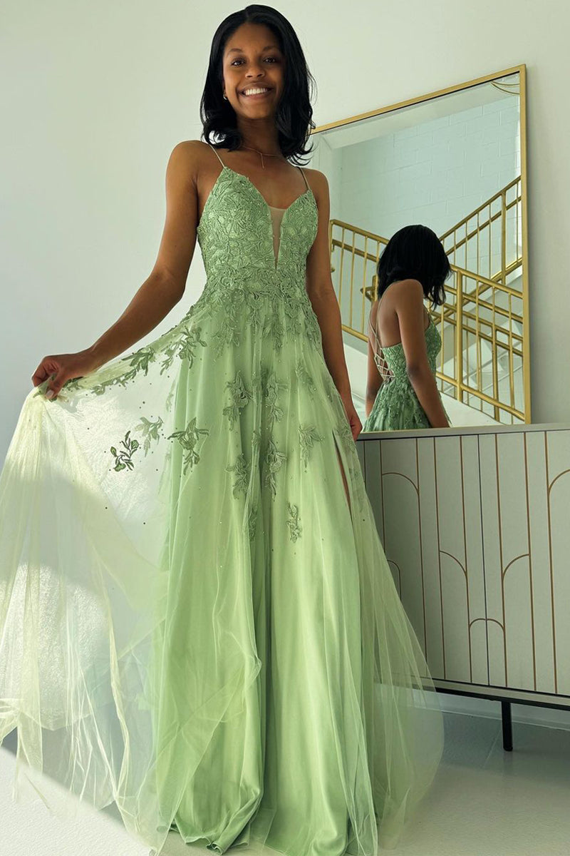Vestidos de fiesta largos de tul con escote en V y apliques en color verde salvia