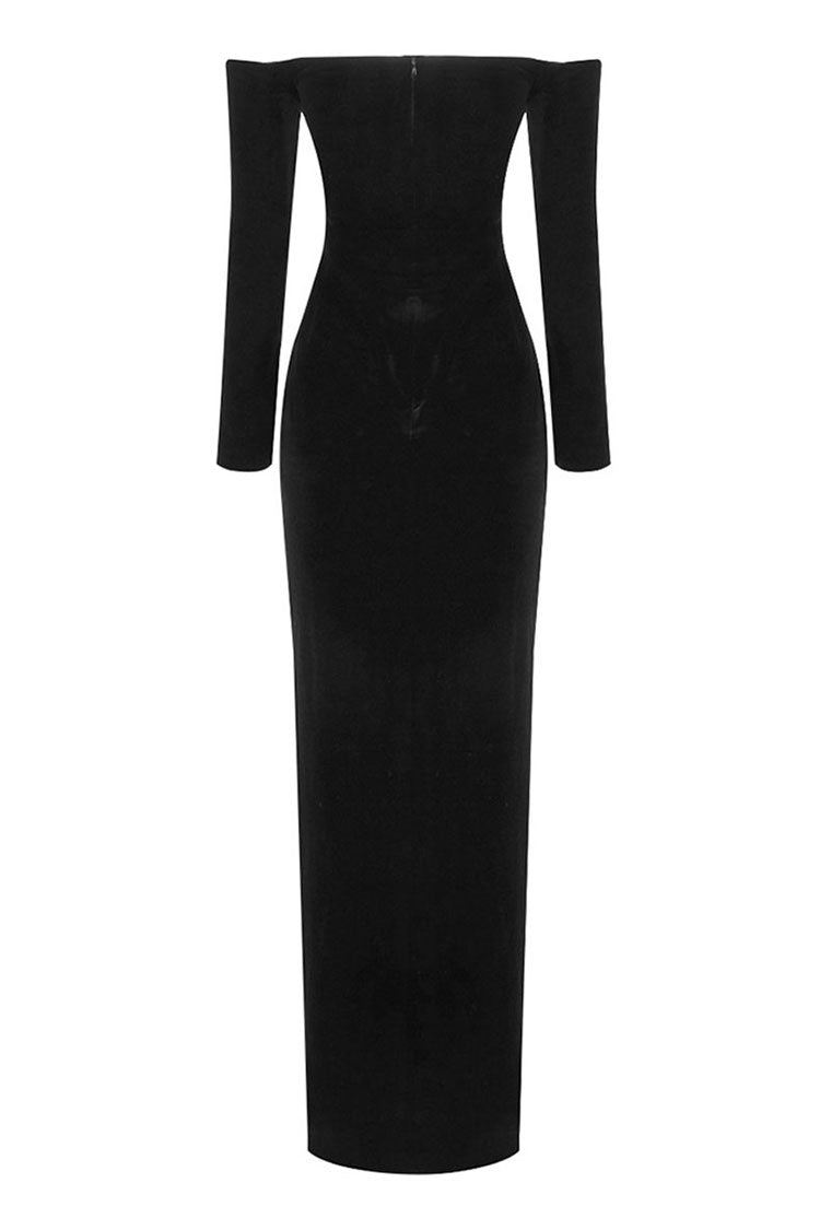 Vestido de noche maxi de terciopelo ajustado con hombros descubiertos y manga larga estilo vintage