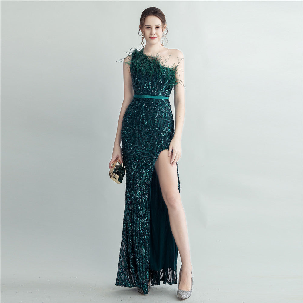 Heavy Industry Ostrich Hair Craft Bundle Hair Evening Dress with Oblique Shoulder Slit