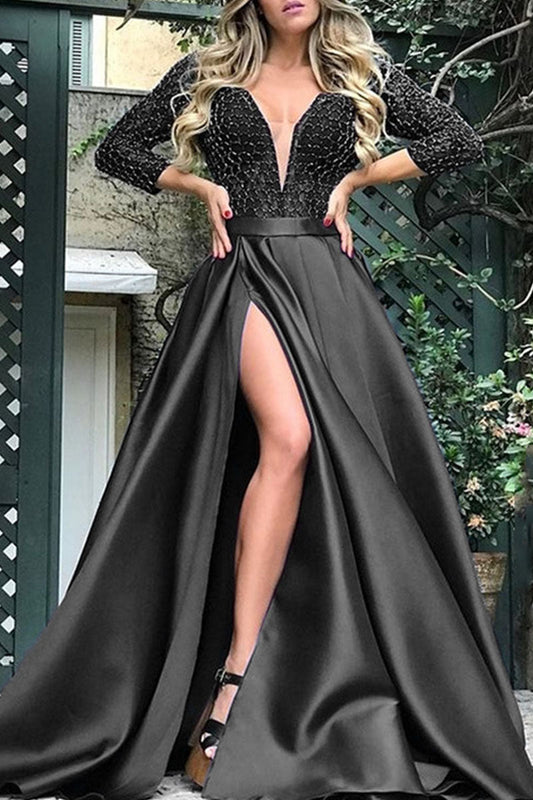 Elegante vestido de noche con cuello en V y lentejuelas lisas de patchwork