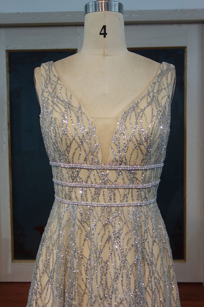 Vestidos de fiesta con estampados plateados, sin mangas, con lentejuelas y corte A hasta el suelo