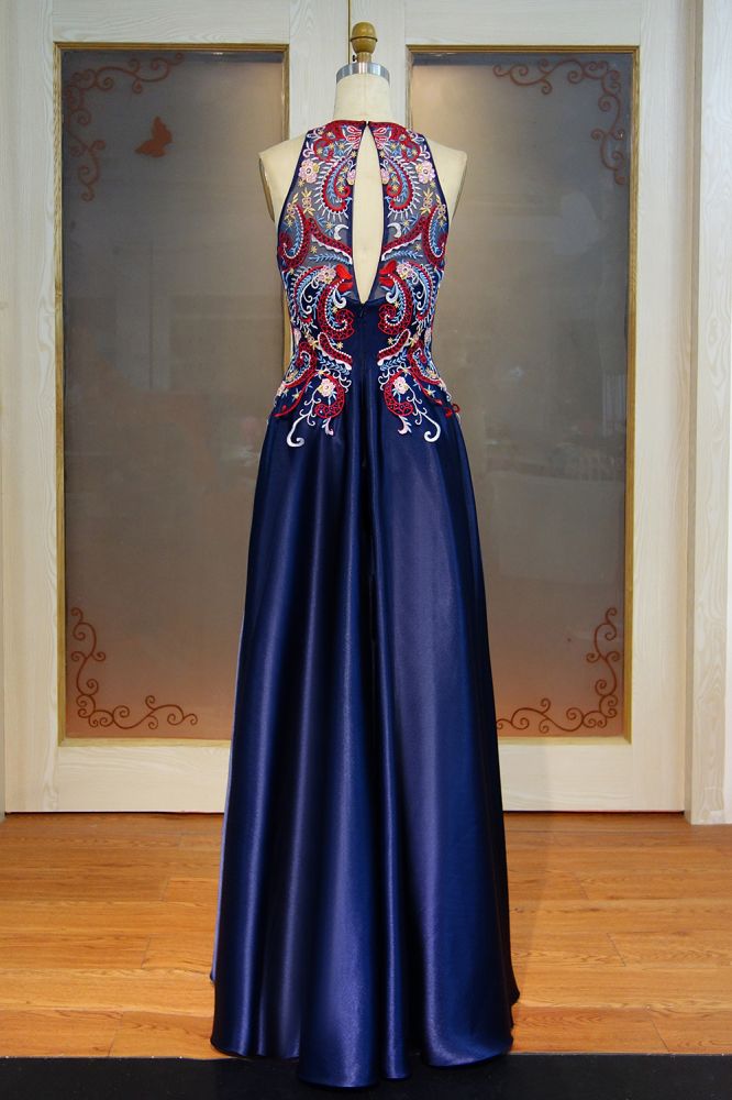 Vestidos de fiesta largos hasta el suelo, corte A, sin mangas, con cuello redondo y apliques