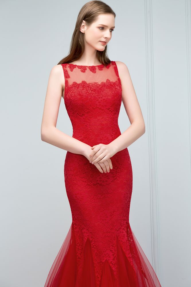 Vestidos de fiesta de tul con encaje y escote ilusión de sirena hasta el suelo, sin mangas