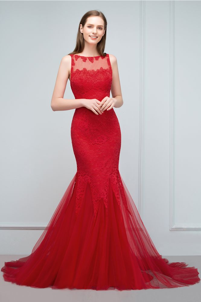 Vestidos de fiesta de tul con encaje y escote ilusión de sirena hasta el suelo, sin mangas