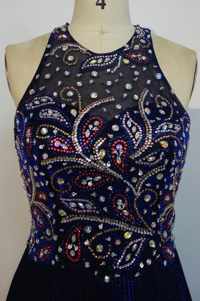 Vestidos de fiesta largos con lentejuelas, corte A, sin mangas, con cuello redondo y cuentas de cristal