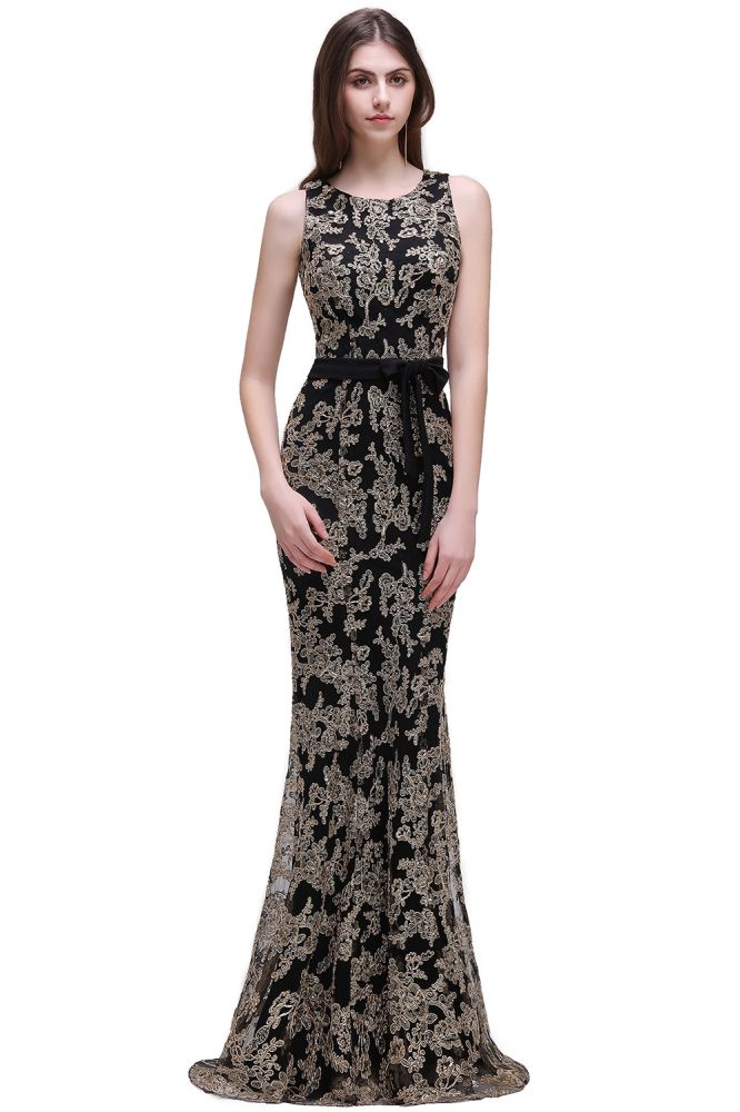 Vestidos de noche de encaje con escote redondo y corte tubo hasta el suelo