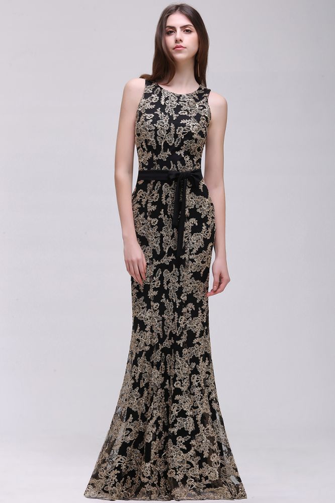 Vestidos de noche de encaje con escote redondo y corte tubo hasta el suelo