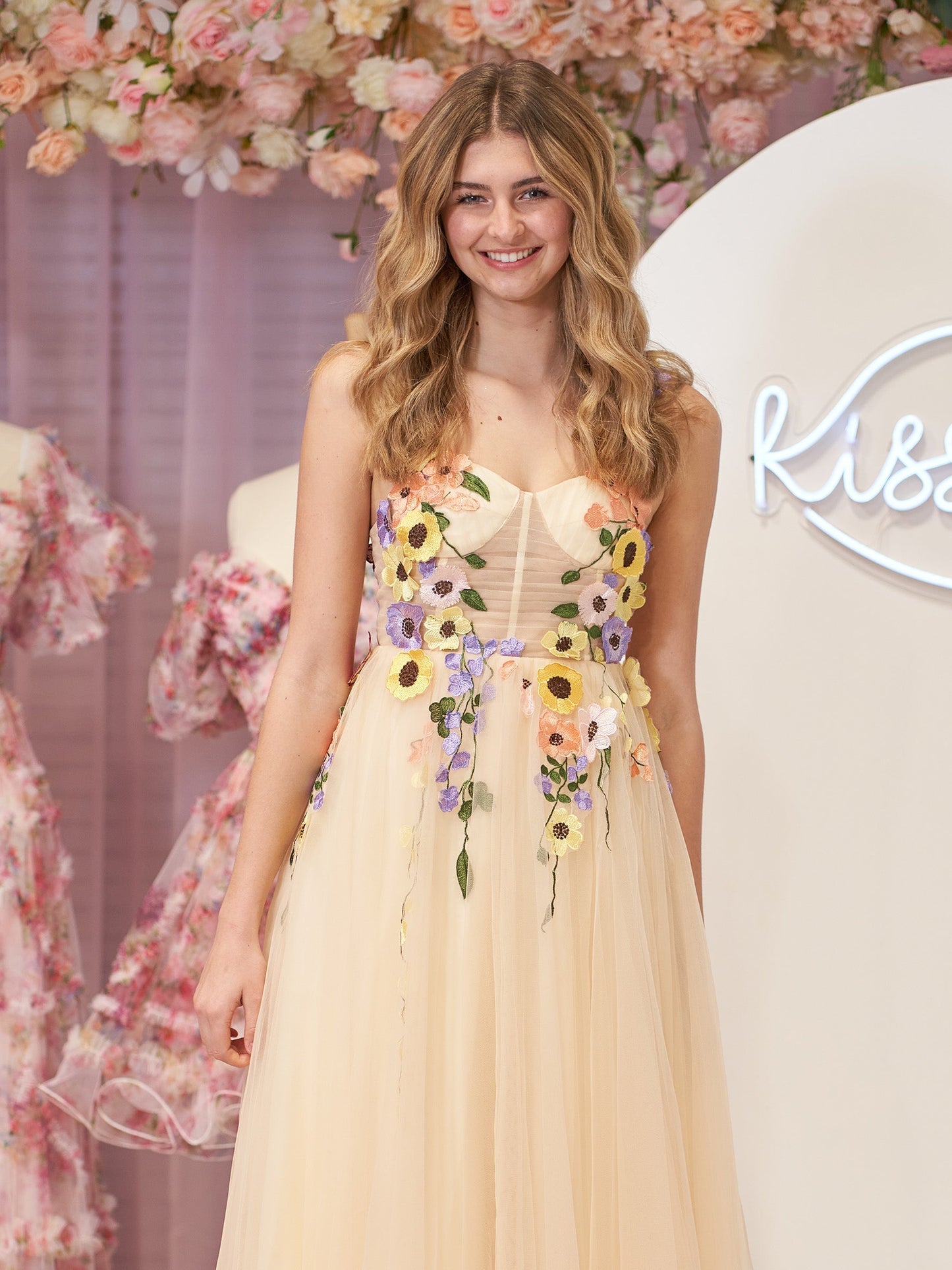 Flower Tulle Tea Length Prom Dresses
