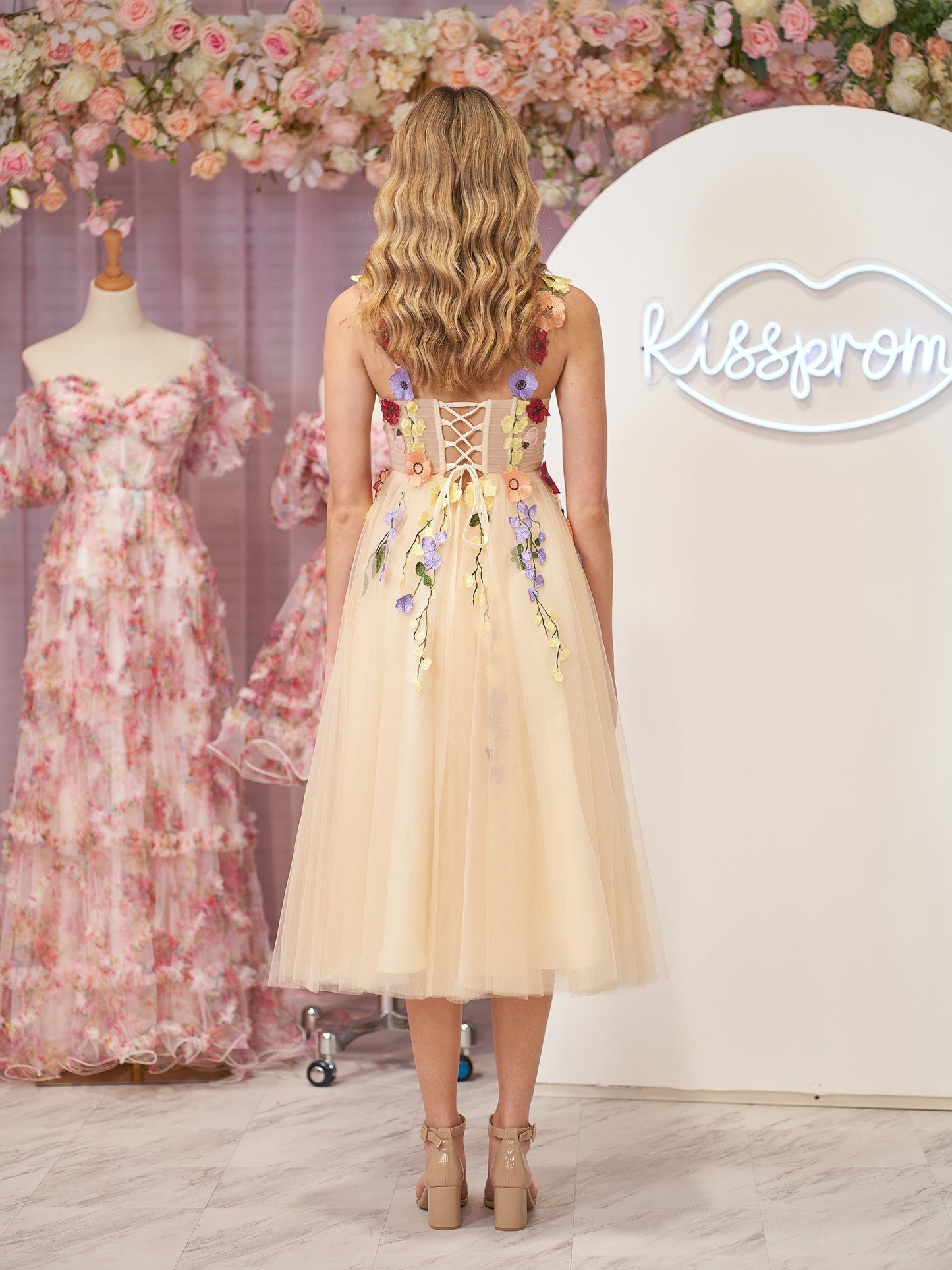 Flower Tulle Tea Length Prom Dresses