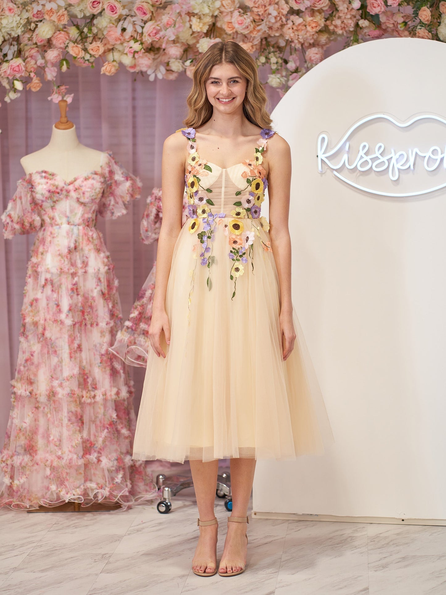 Flower Tulle Tea Length Prom Dresses