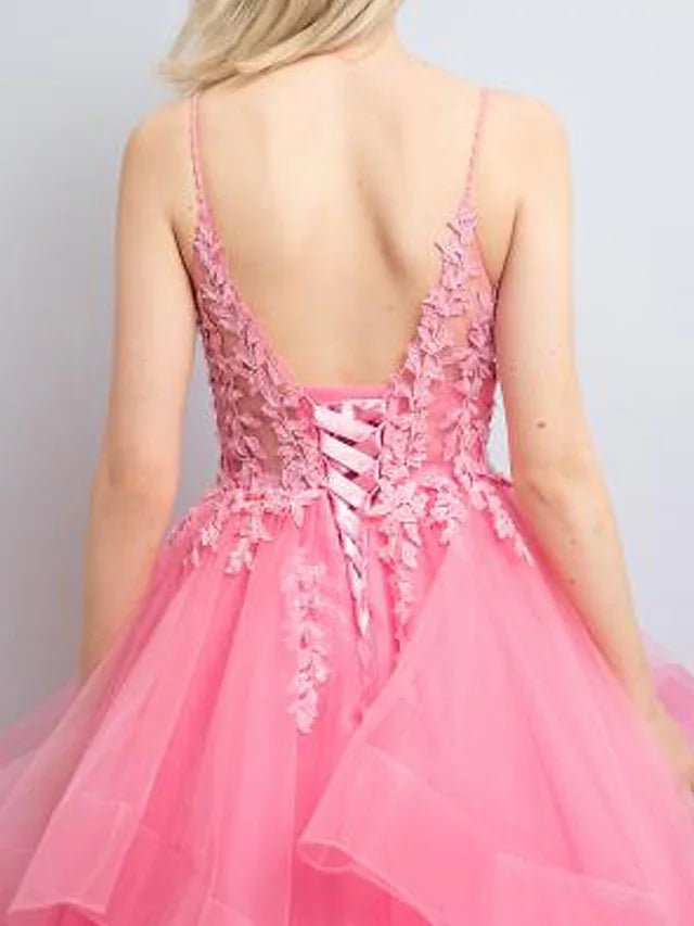Vestidos de fiesta de corte A, estilo princesa, formales, largos hasta el suelo, sin mangas, cuello en V, tul, espalda descubierta, con pliegues y apliques