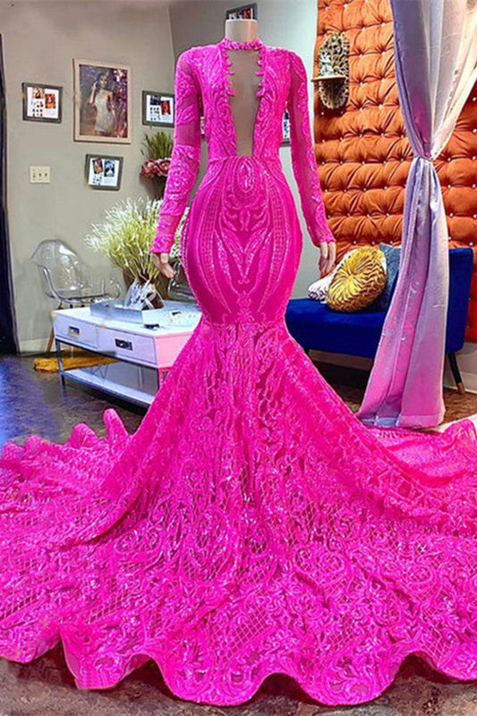 Fuchsia Langes Meerjungfrauen-Ballkleid mit tiefem V-Ausschnitt und Pailletten