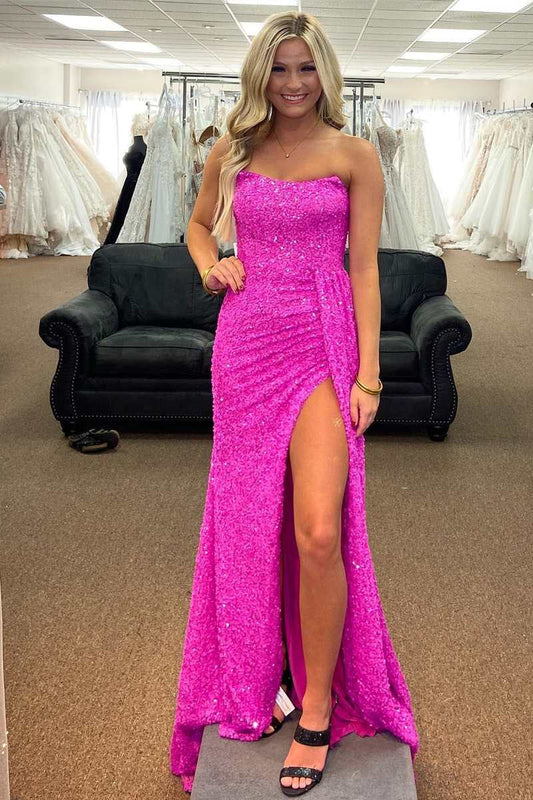Vestido de fiesta largo de sirena sin tirantes, con lentejuelas, cordones y abertura