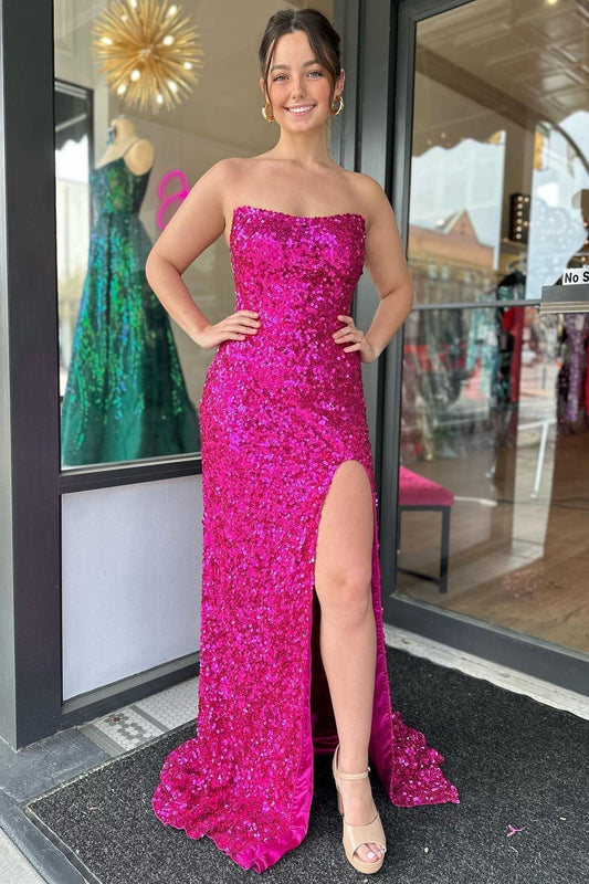 Vestido de fiesta largo con lentejuelas y abertura sin tirantes