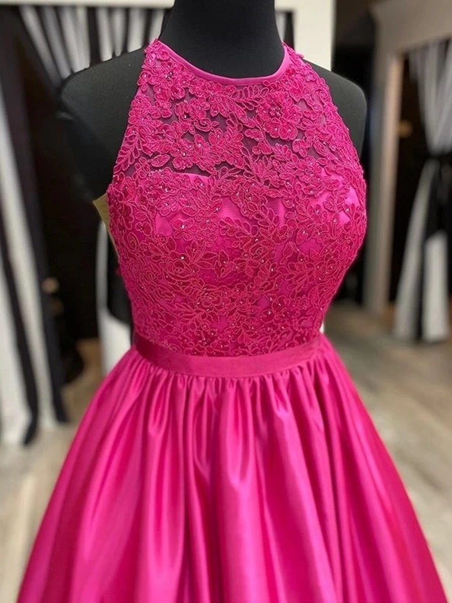 Fuchsia Langes A-Linie Neckholder Satin Spitze Abendkleid