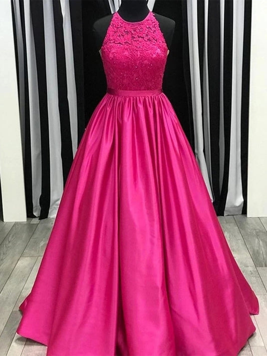 Fuchsia Langes A-Linie Neckholder Satin Spitze Abendkleid