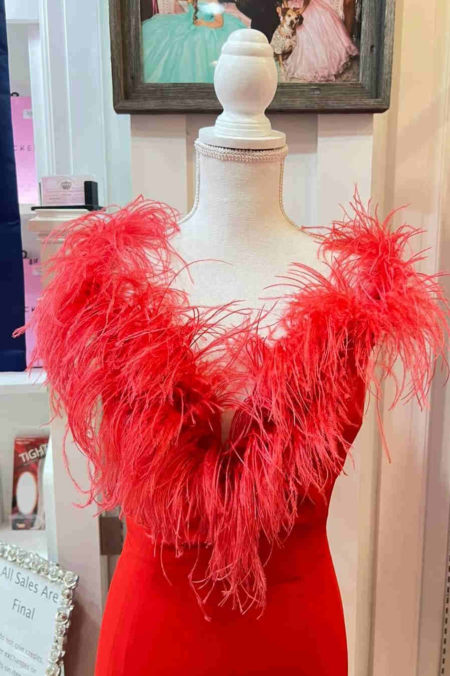 Vestido formal largo con escote pronunciado y plumas rojas con abertura