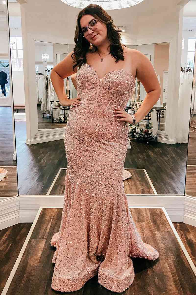 Vestido de fiesta largo con lentejuelas azul claro y corte sirena con escote corazón