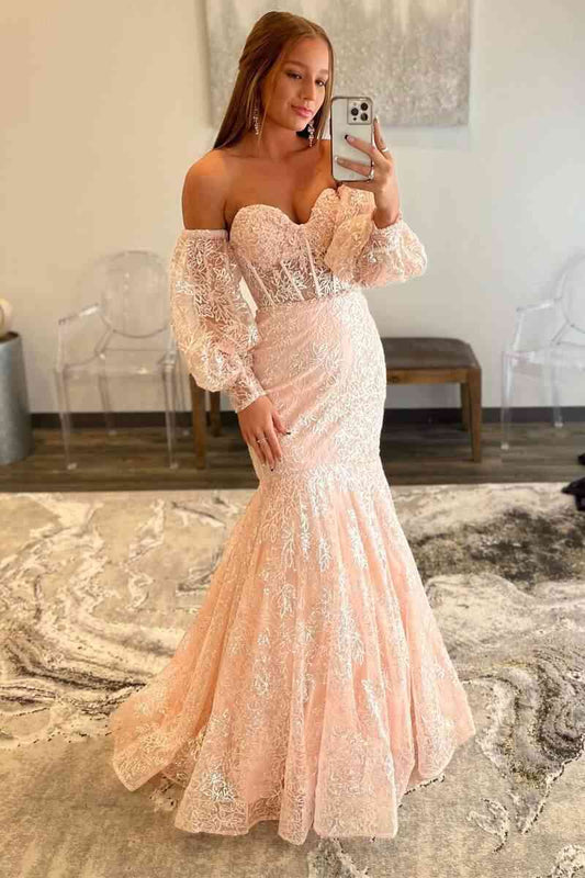 Vestido de fiesta de sirena con corsé de encaje transparente y escote corazón color melocotón