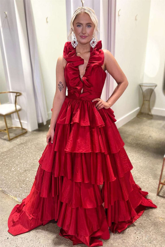 Vestido de fiesta rojo con cuello halter, volantes y corte A escalonado