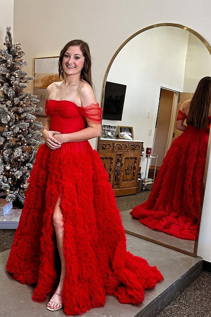 Roycebridal Kenia | Vestido de fiesta de tul con volantes, hombros descubiertos y abertura