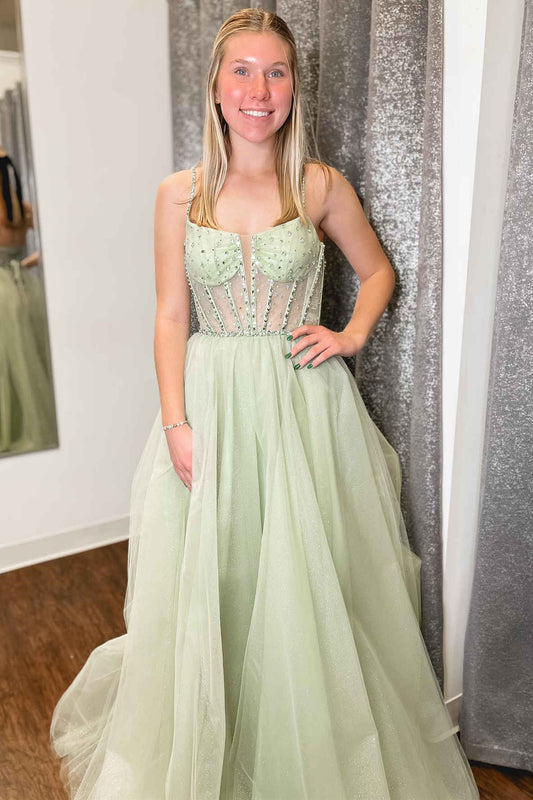 Vestido de fiesta de tul con tirantes, lentejuelas y cuentas en forma de A