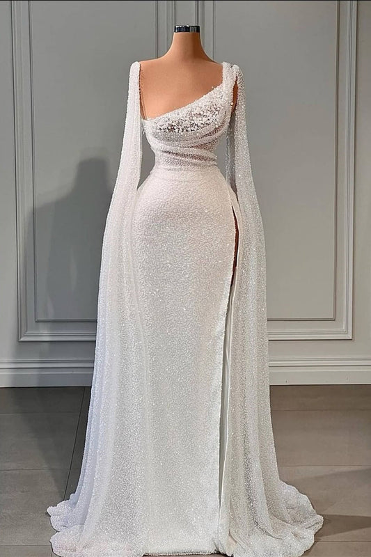 Glamorosos vestidos de novia de corte A con lentejuelas y abertura con cuentas