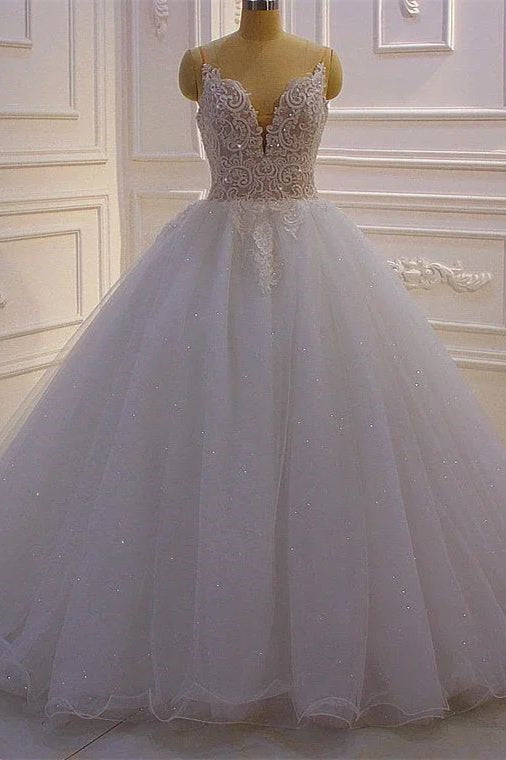 Glamoroso vestido de novia de corte A, escote en V, sin mangas y con encaje