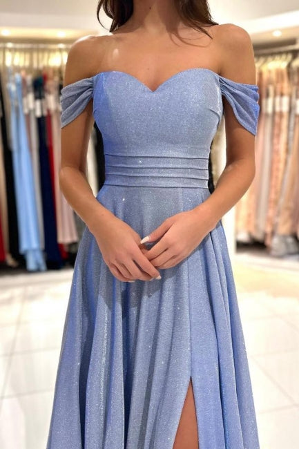 Glamouröses blaues langes, glitzerndes, schulterfreies, ärmelloses Abendkleid mit Schlitz