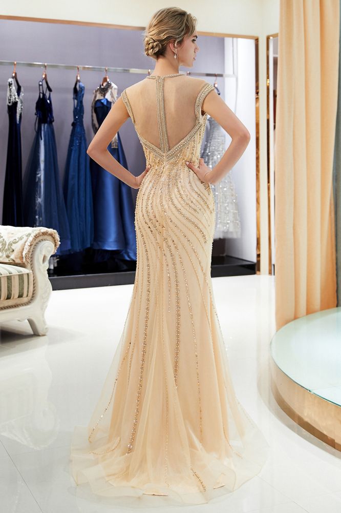 Glamoroso vestido de noche de sirena con mangas cortas y cuentas doradas