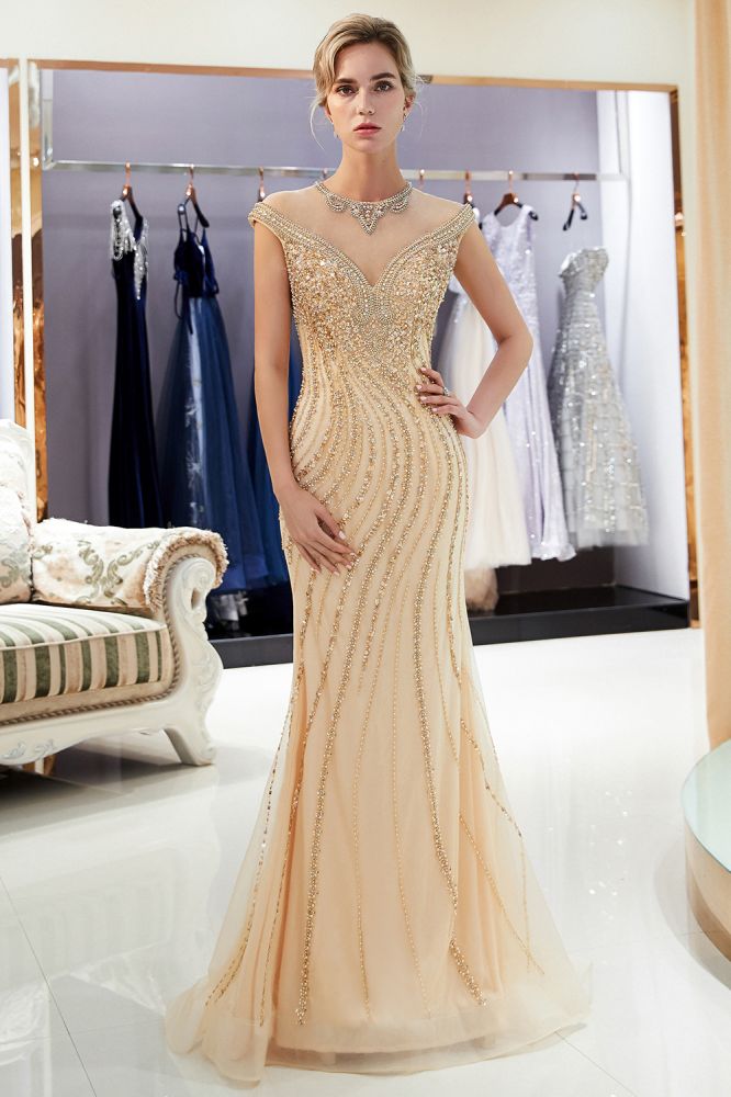 Glamoroso vestido de noche de sirena con mangas cortas y cuentas doradas