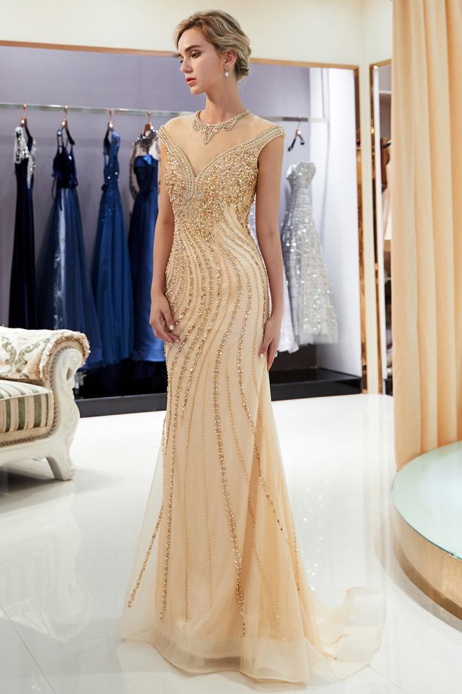 Glamoroso vestido de noche de sirena con mangas cortas y cuentas doradas