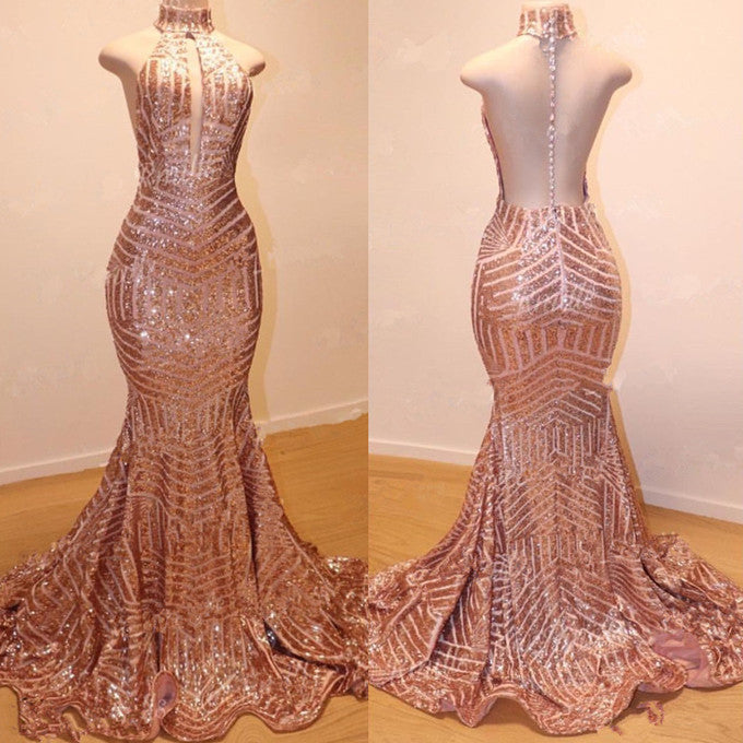 Glamouröses Abendkleid mit hohem Halsausschnitt, ärmellos, Pailletten, Meerjungfrau, lange Pailletten