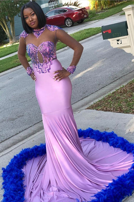 Glamoroso vestido de fiesta largo de satén con encaje de sirena y mangas largas