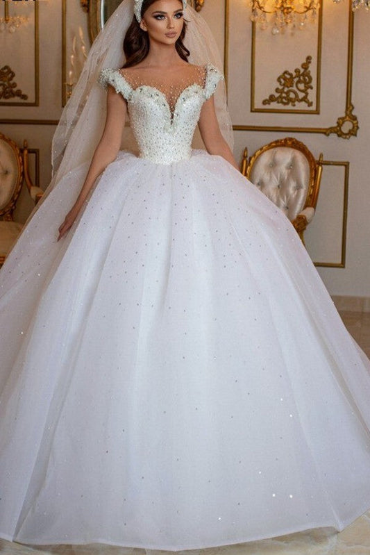 Glamouröses langes Prinzessin-Brautkleid mit schulterfreiem Tüll und Perlen