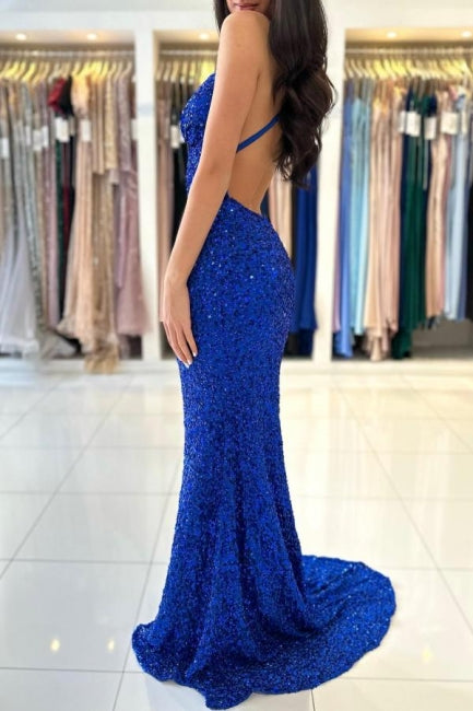 Glamouröses langes königsblaues Abendkleid mit V-Ausschnitt und Spaghettiträgern und Glitzer