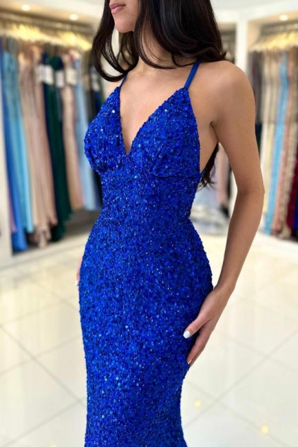 Glamouröses langes königsblaues Abendkleid mit V-Ausschnitt und Spaghettiträgern und Glitzer