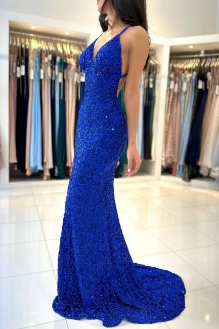 Glamouröses langes königsblaues Abendkleid mit V-Ausschnitt und Spaghettiträgern und Glitzer