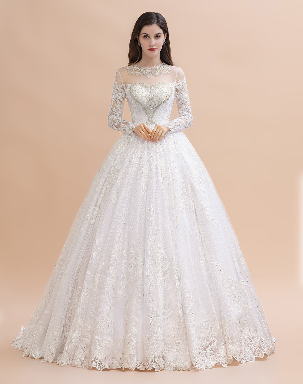 Glamouröses Brautkleid mit langen Ärmeln und Perlen in Weiß/Elfenbein