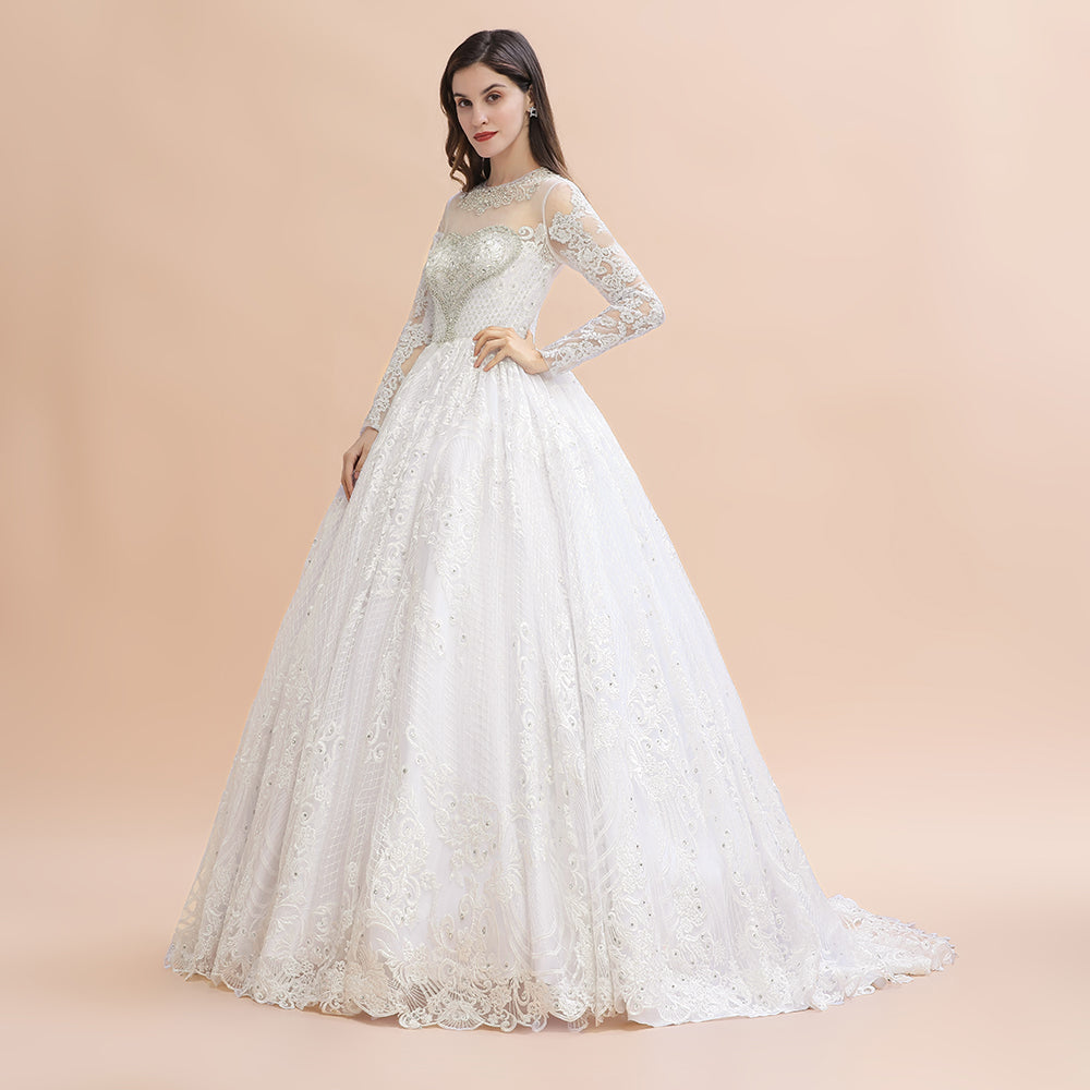Glamouröses Brautkleid mit langen Ärmeln und Perlen in Weiß/Elfenbein