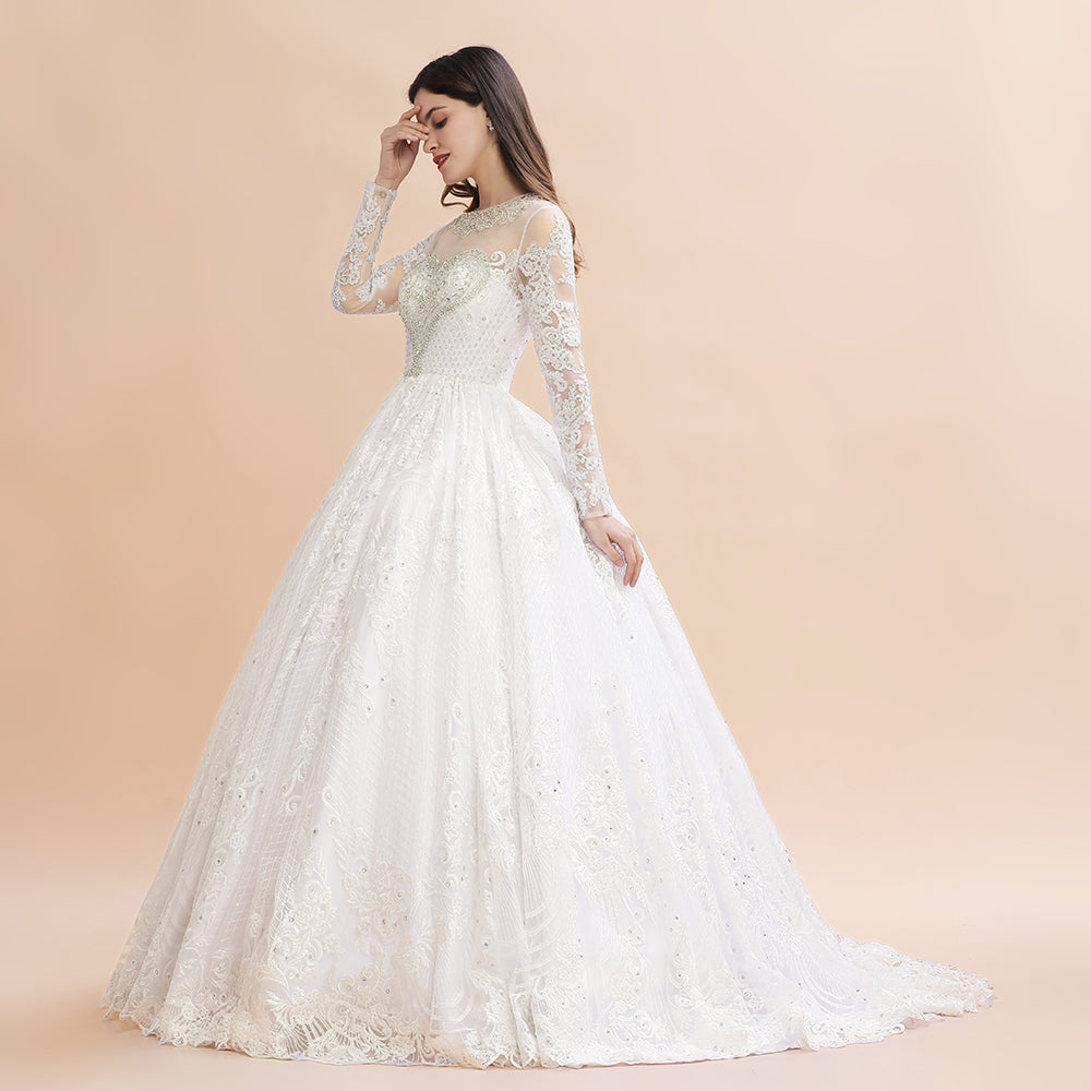 Glamouröses Brautkleid mit langen Ärmeln und Perlen in Weiß/Elfenbein