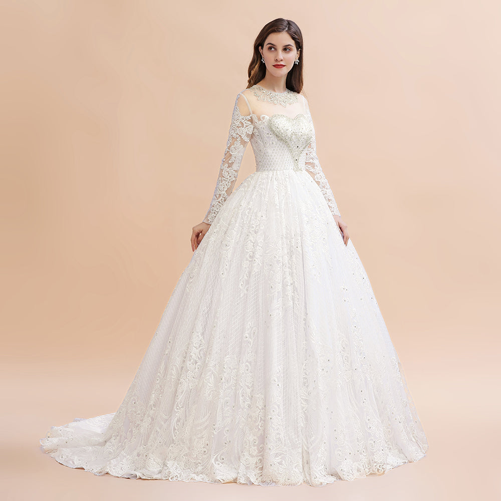 Glamouröses Brautkleid mit langen Ärmeln und Perlen in Weiß/Elfenbein